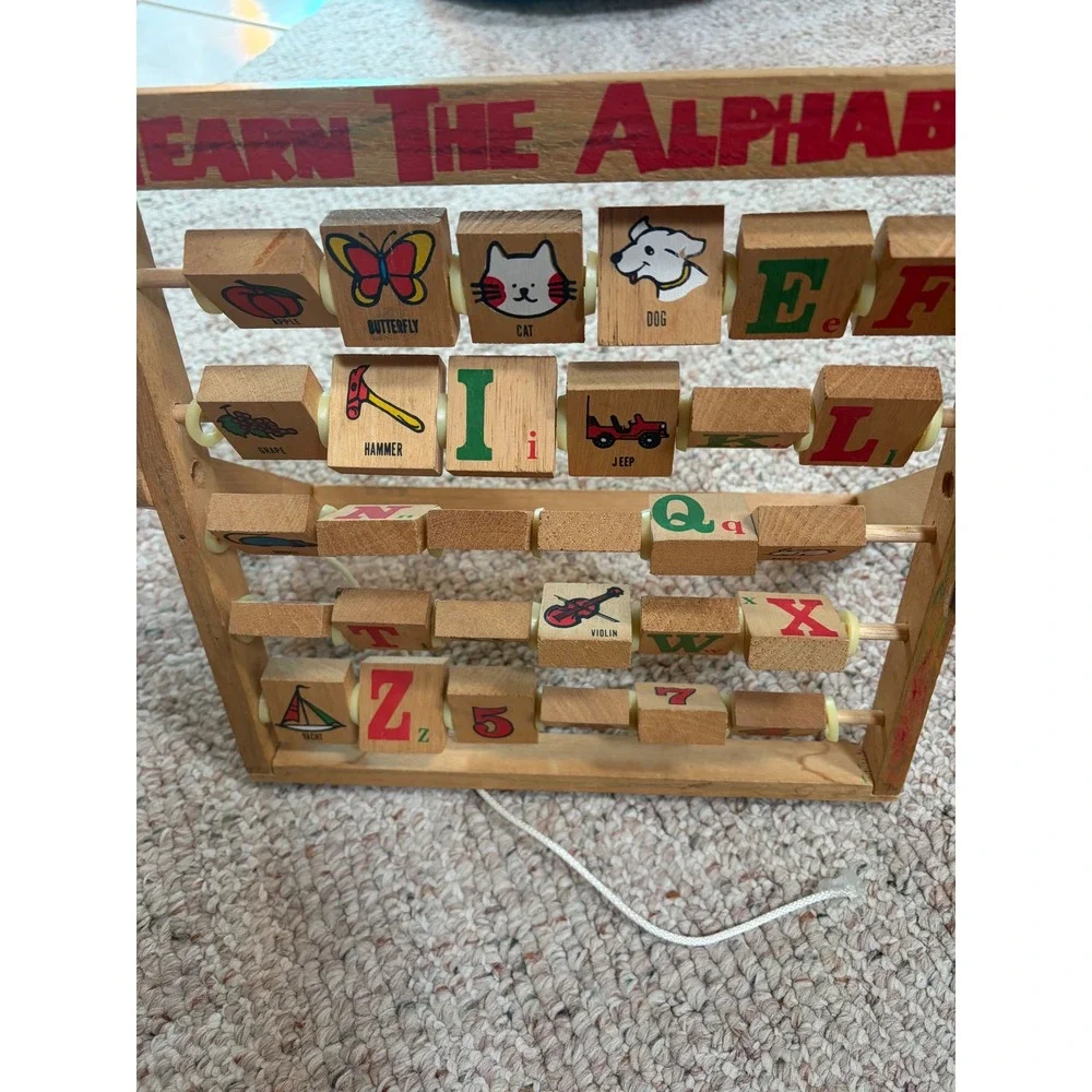 Vintage Wooden Alphabet Abacus Learning Toy Letters Numbers Blocks